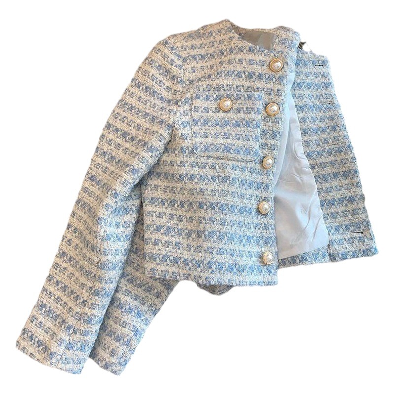 Blue Tweed Jacket for Women 2025 Spring and Autumn French Style Elegant Pearl Button Tweed Short Jacket