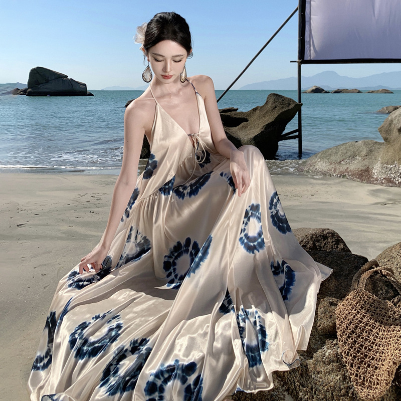2024 Summer new French blooming printed sexy big backless holiday style dress holiday dress