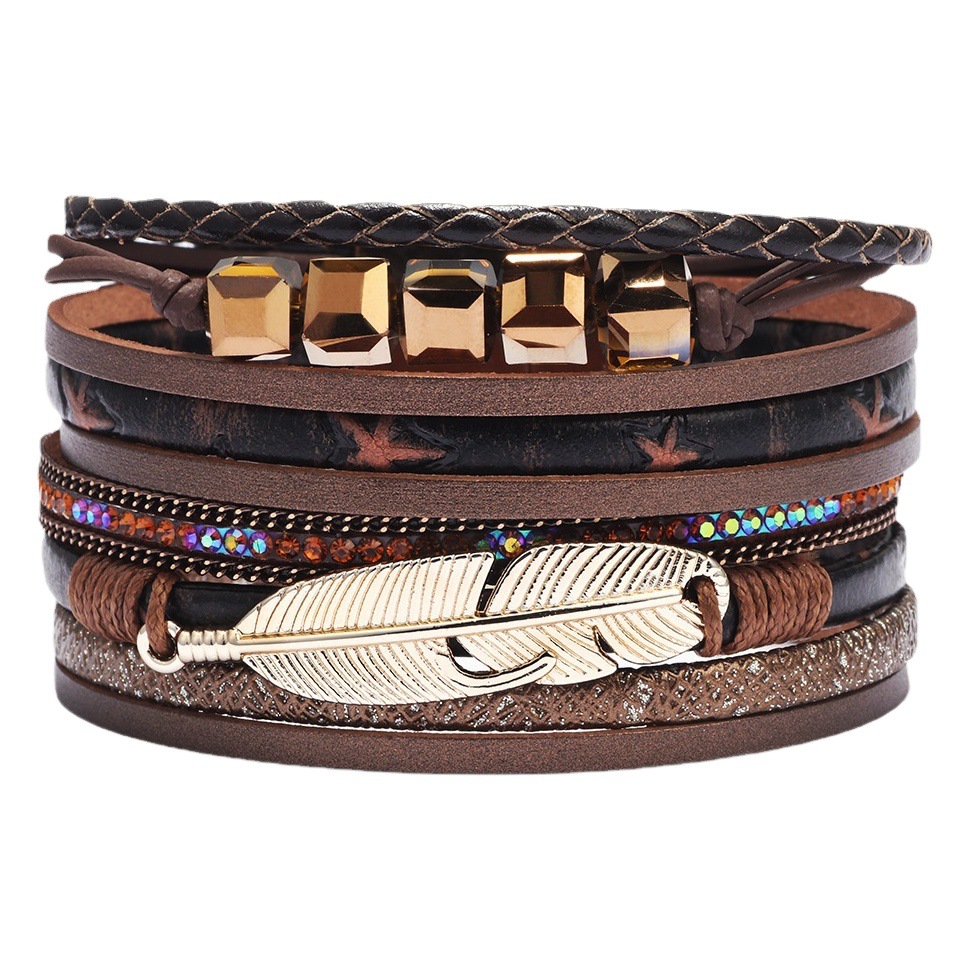 Cross-border jewelry Temu best-selling bracelet temperament European and American style fashion metal feather leather bracelet wholesale cross-border supply