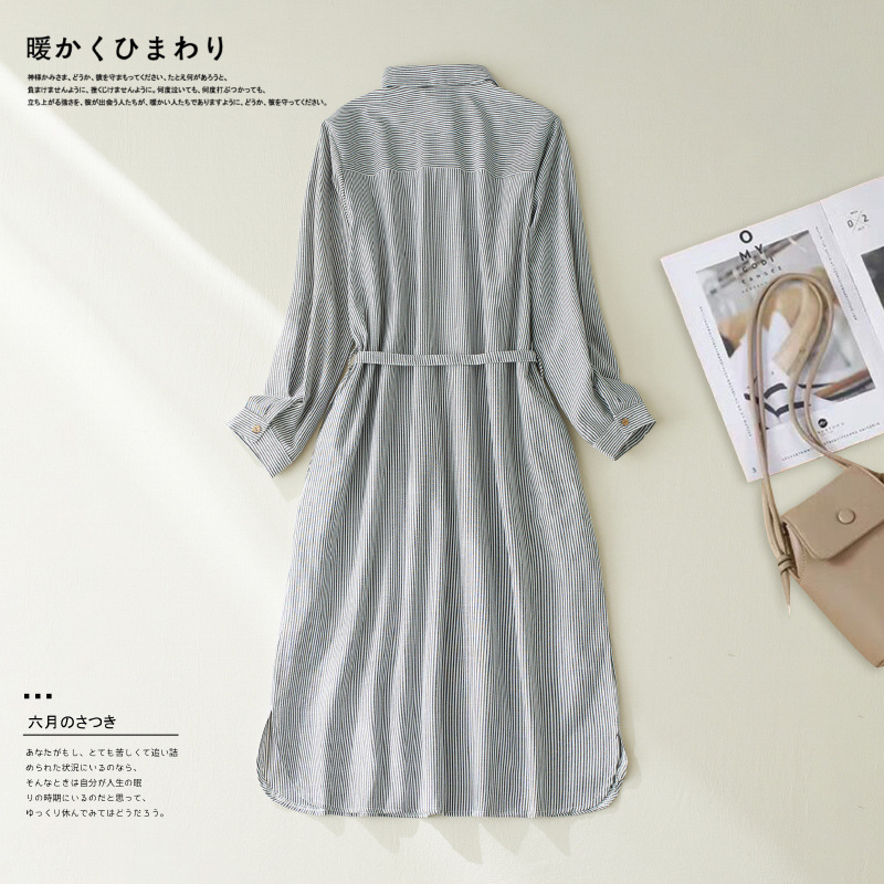 Picture of Real Shot 2022 Autumn Artistic Casual Loose A- Line Large Size Women's Wear Slimming Striped Over-the-knee Shirt Dress