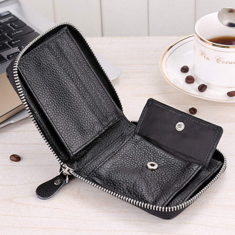 Picture of 9039 Short Wallet Men's Genuine Leather Wallet Crazy Horse Leather 80% off Wallet Card Holder Black Zipper Coin Wallet