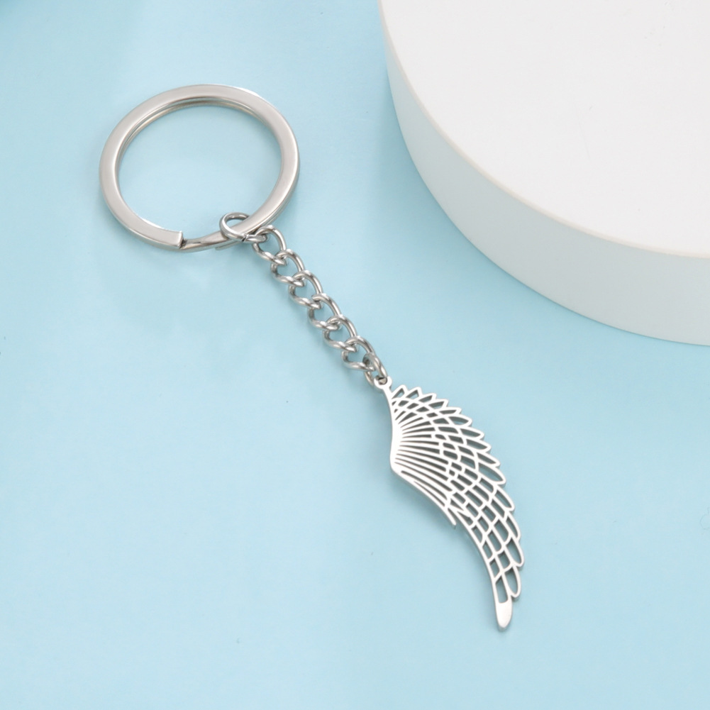 Cross-border European and American Cut Titanium Steel Hollow Single Wing Pendant with Chain Keychain Punk Style Personalized Stainless Steel Keychain