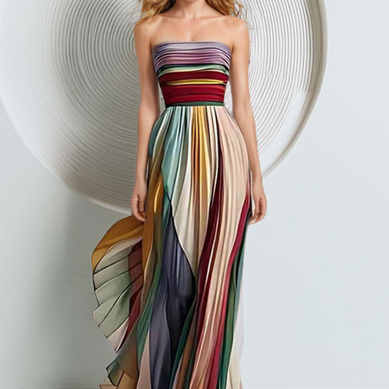 Foreign Trade New Amazon European and American Clothing Sexy Tube Top Printed Color Dress Dress