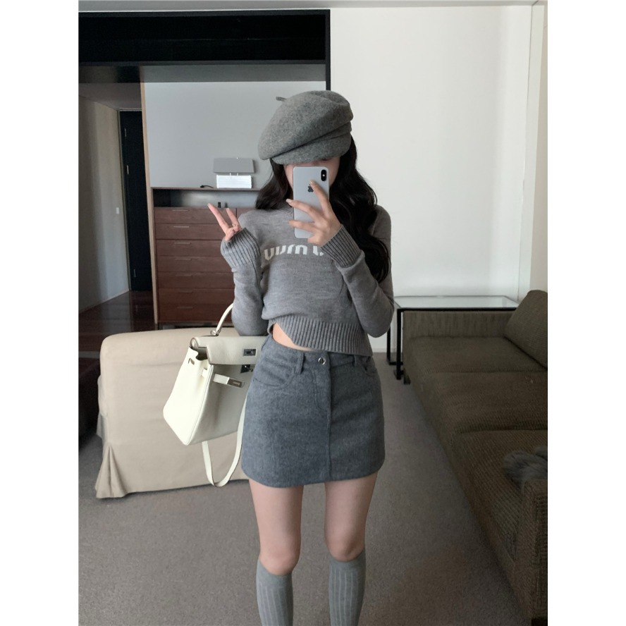 Small Crewneck Turtleneck White Short Letter Sweater Women's Autumn and Winter Spice Girl Bottoming Inner Sweater Top