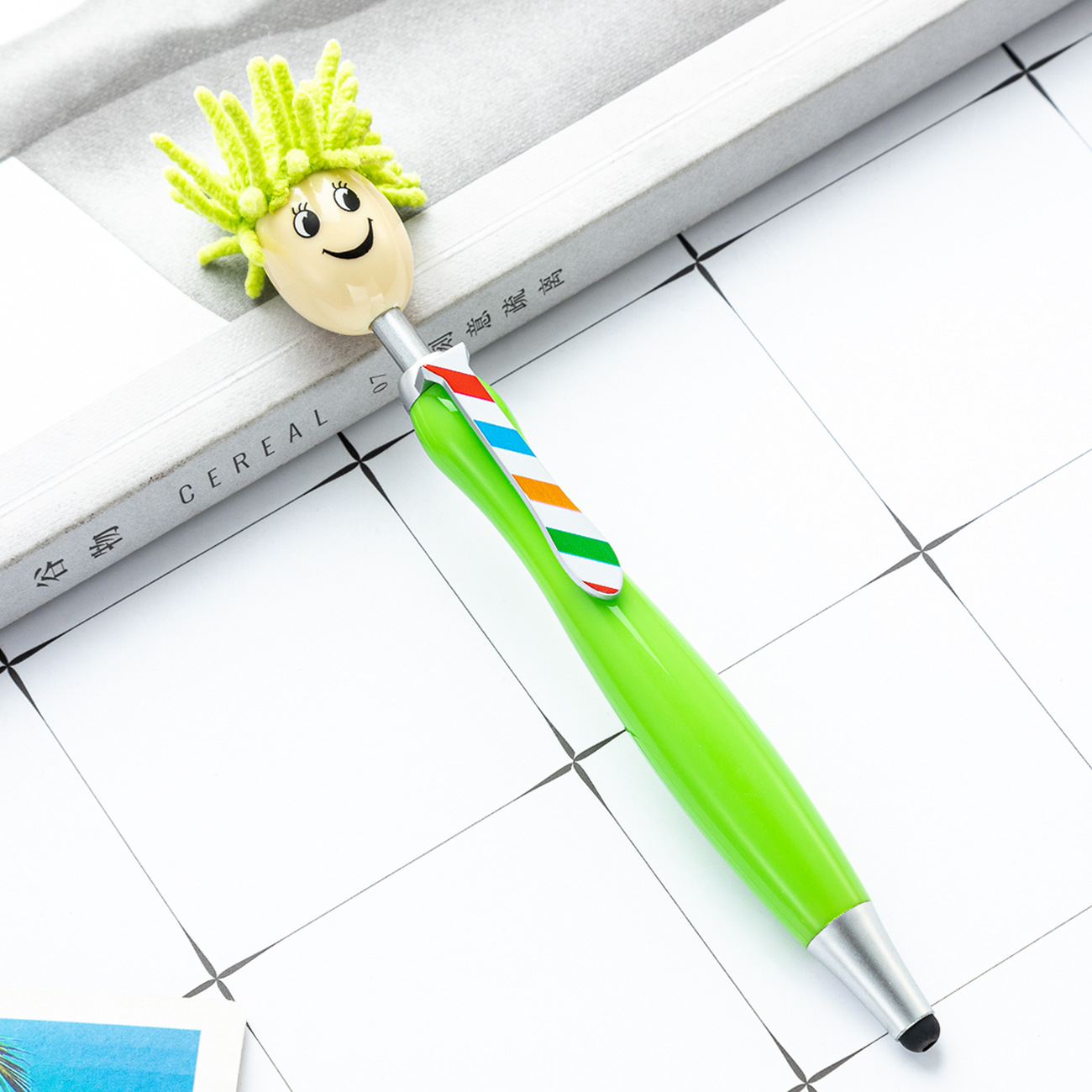 Picture of Cute plush doll head ballpoint pen printable logo three-dimensional cartoon smiley touch pen Christmas gift pen