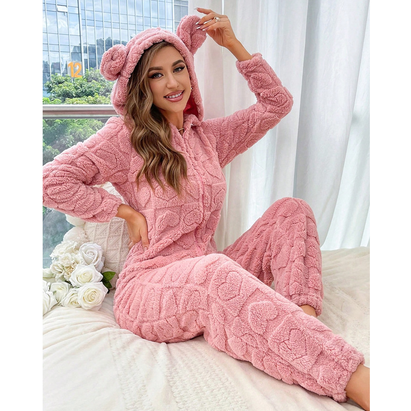 Cross-border Sweet Cute Coral Fleece Warm-keeping Pajamas Women's Autumn and Winter European and American Style Love Furry Home Clothes
