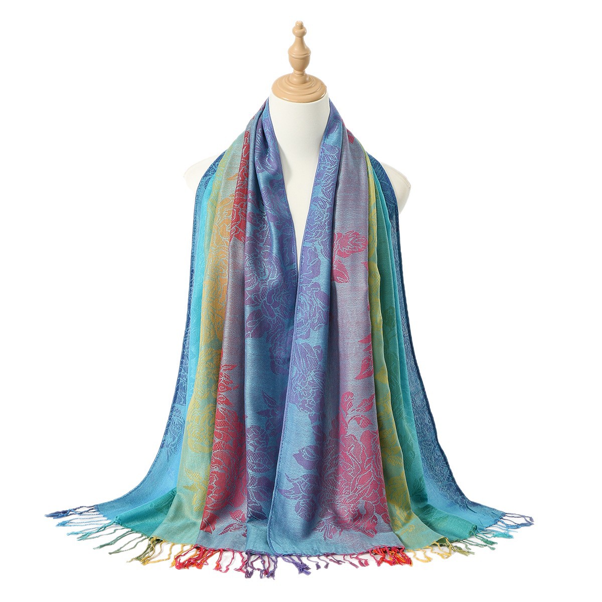 Picture of Amazon Same Style Ethnic Style Color Cashew Embroidered Long Scarf Rainbow Gradient Tassel Scarf Shawl Women's Bag Turban