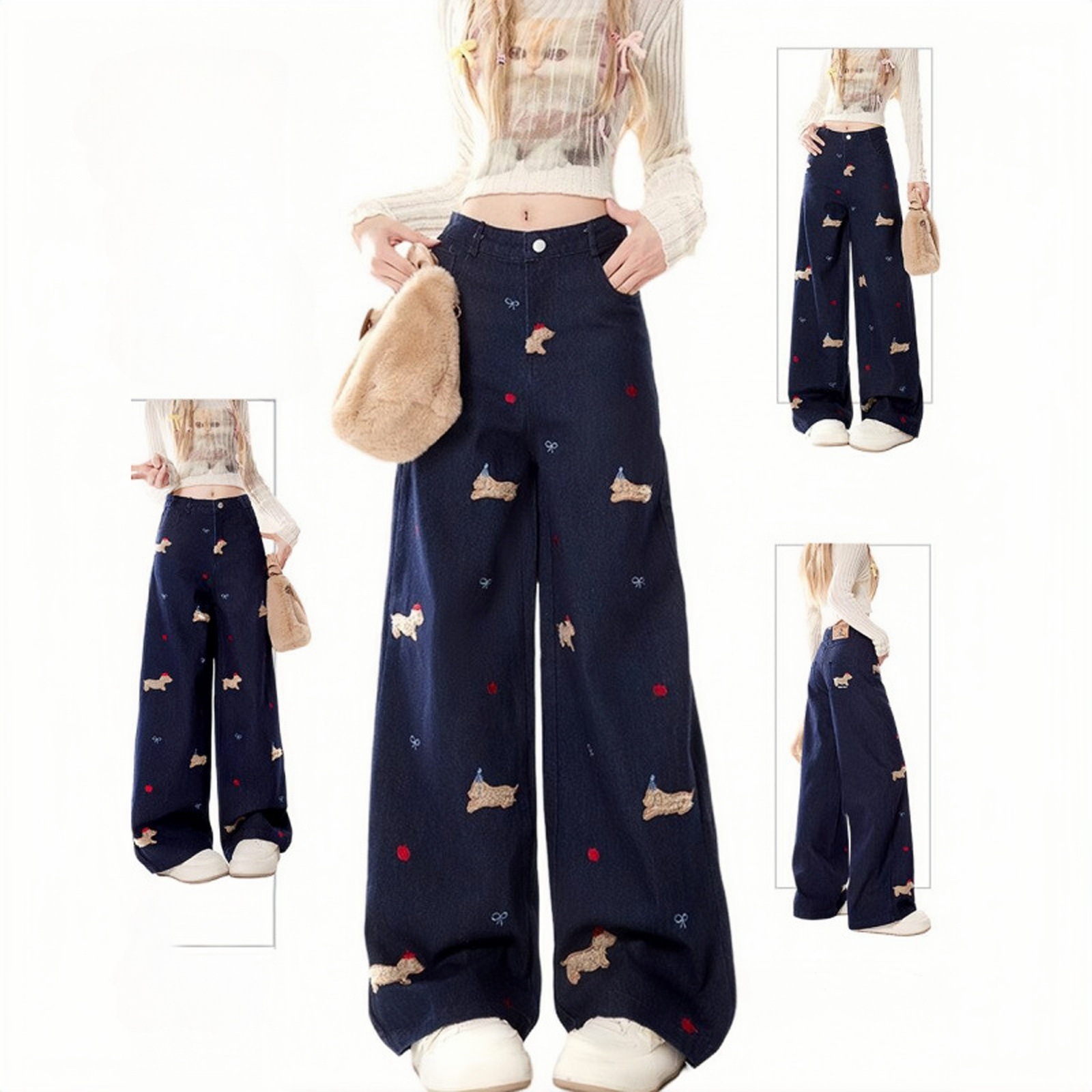 Orange Tree There Retro Puppy Embroidered Jeans Women's Autumn High Waist Straight Loose Slim Wide Leg Pants
