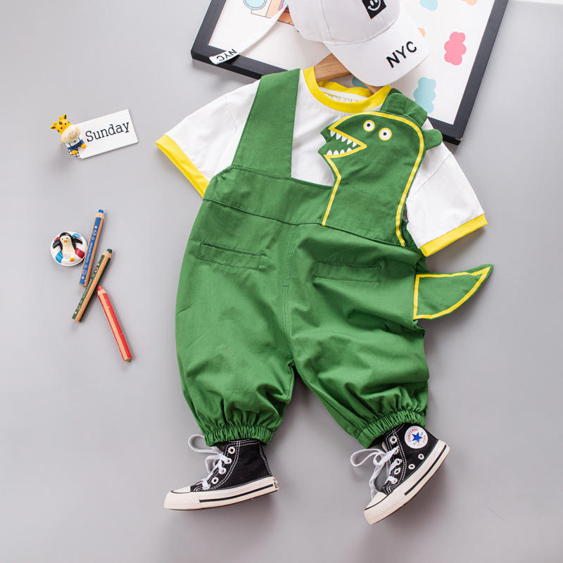 Wu Xiaoqi Children's Clothing 2024 Summer New 0-4 Boys Short-Sleeved Solid Color T-Shirt Cartoon Children's Overalls Two-Piece Set