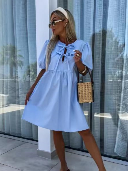 2024 Summer Fashion New Strap Bow Puff Sleeve Short Sleeve Dress European and American Cross-Border Hot Style a Temperament