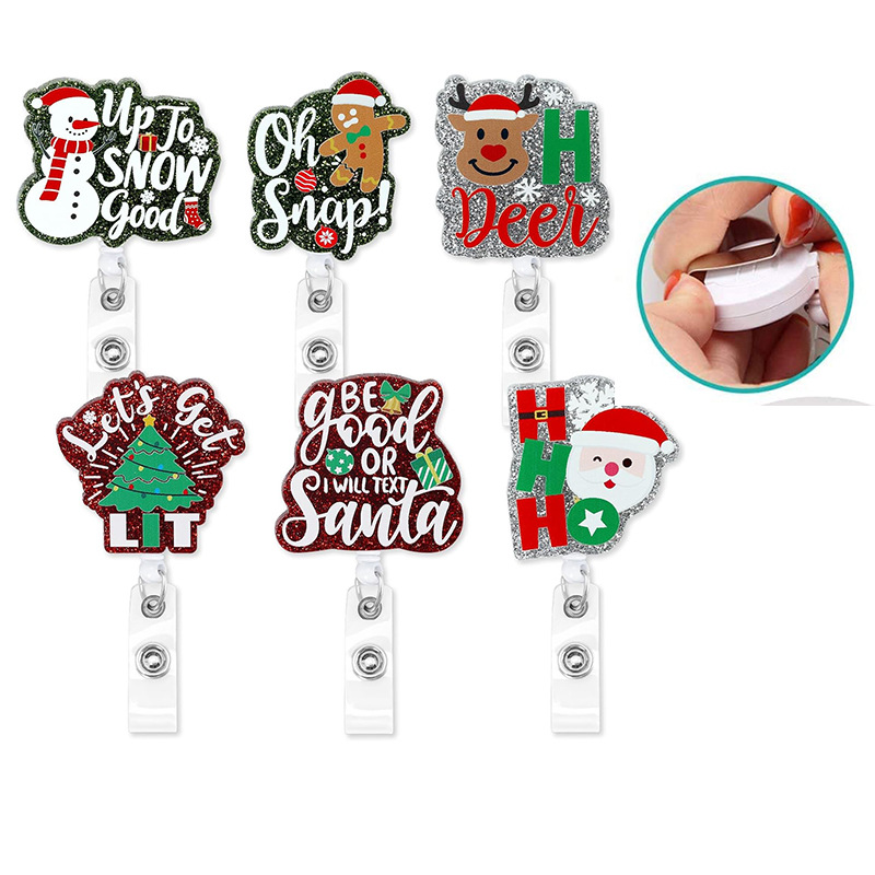 Cross-border glitter Christmas Snowman easy-pull buckle acrylic gingerbread man elk badge scroll retractable anti-lost keychain