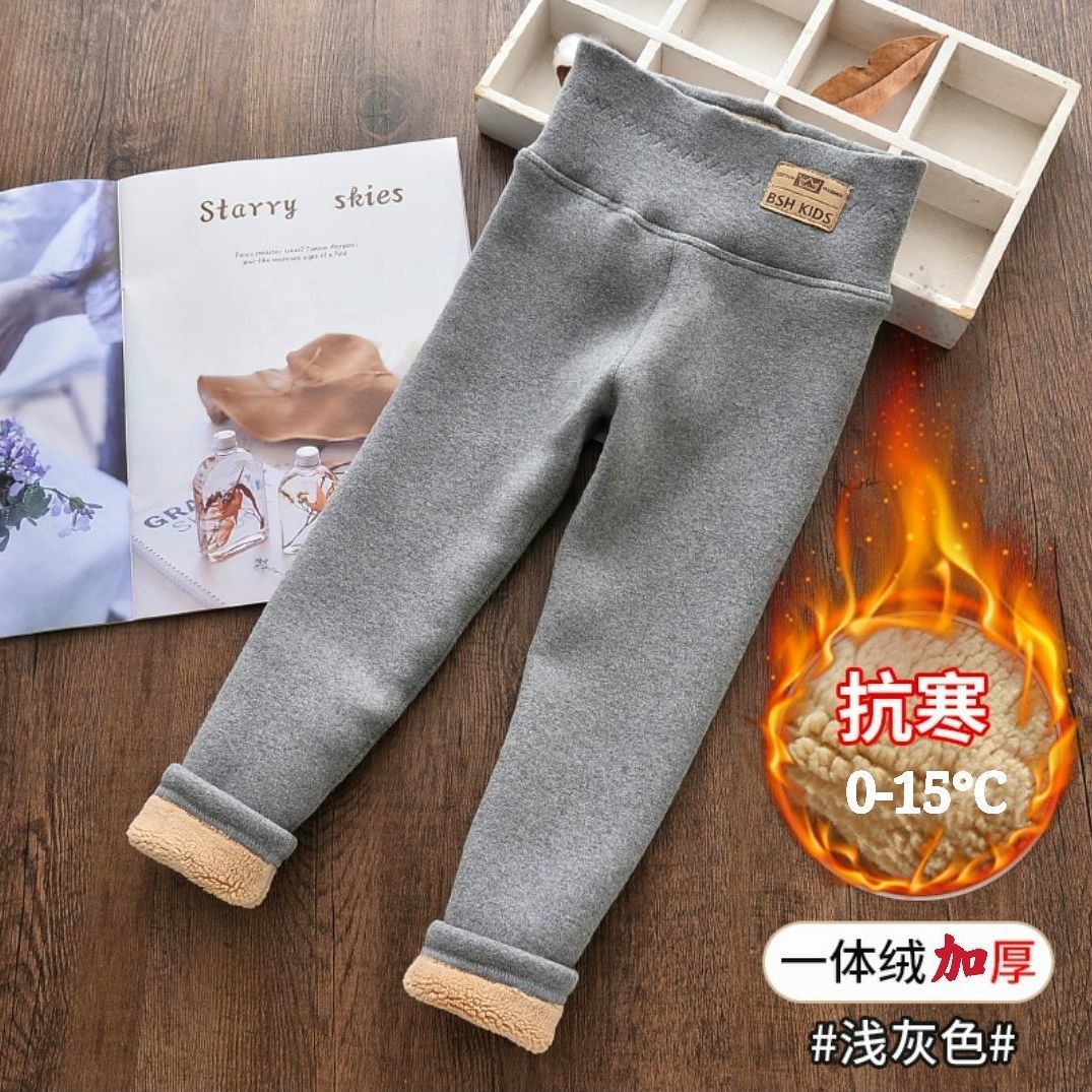 Picture of Girls' Fleece-Lined Leggings Autumn and Winter Outer Wear Girls' Big Kids One-Piece Fleece Baby Thickened Pants Pure Cotton High Waist Warm Pants