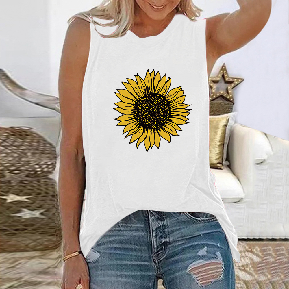2021 Spring Cross-border Shirt Two-color Sunflower Pattern Women's Round Neck Pullover Sleeveless T-shirt