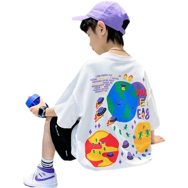 Children's Wear Cotton Short-sleeved T-shirt Blue Bear 2023 New Style Cotton Boys Short-sleeved Children's Top T-shirt Children's Wear