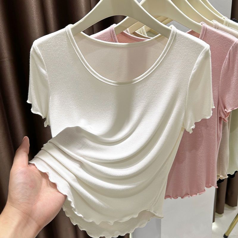 Modal Short-sleeved T-shirt Women's 2024 Summer New Solid Color Large Round Neck Fungus Inner Short Base Thin Top