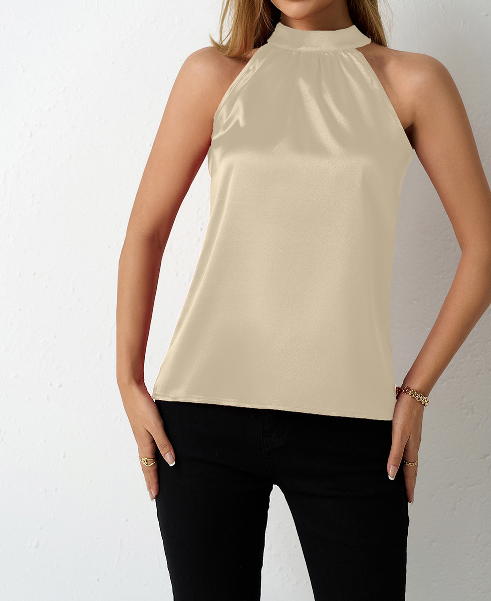 Picture of Real Shot of Amazon European and American Cross-Border Women's Clothing Export Summer New Satin Vest Women's Off-Shoulder Halter Satin Top