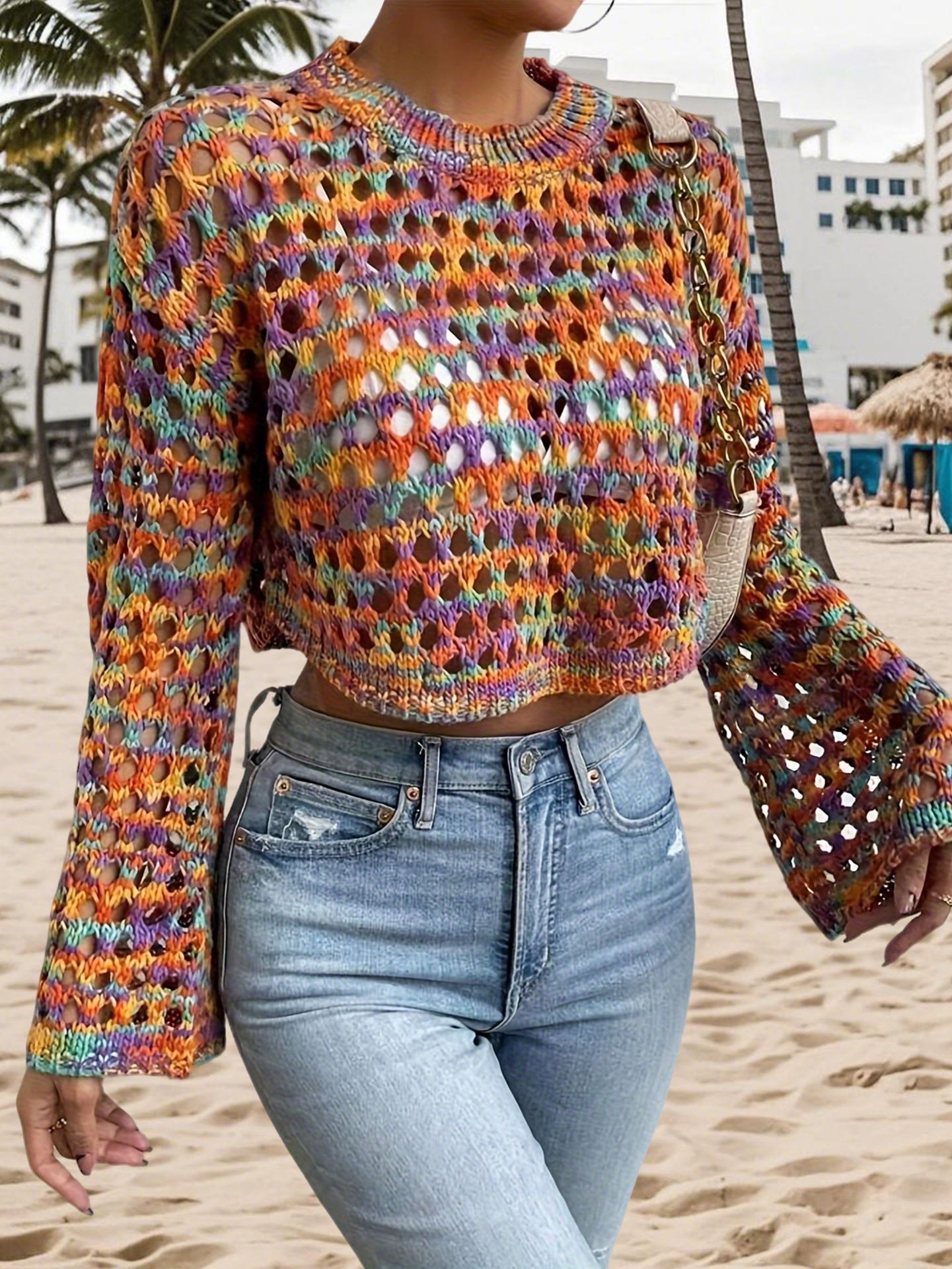 Rainbow Color Round Neck Cut Out Knitwear Loose Short Hot Girl Navel-Baring Beach Vacation Style Bell-Sleeved Top
