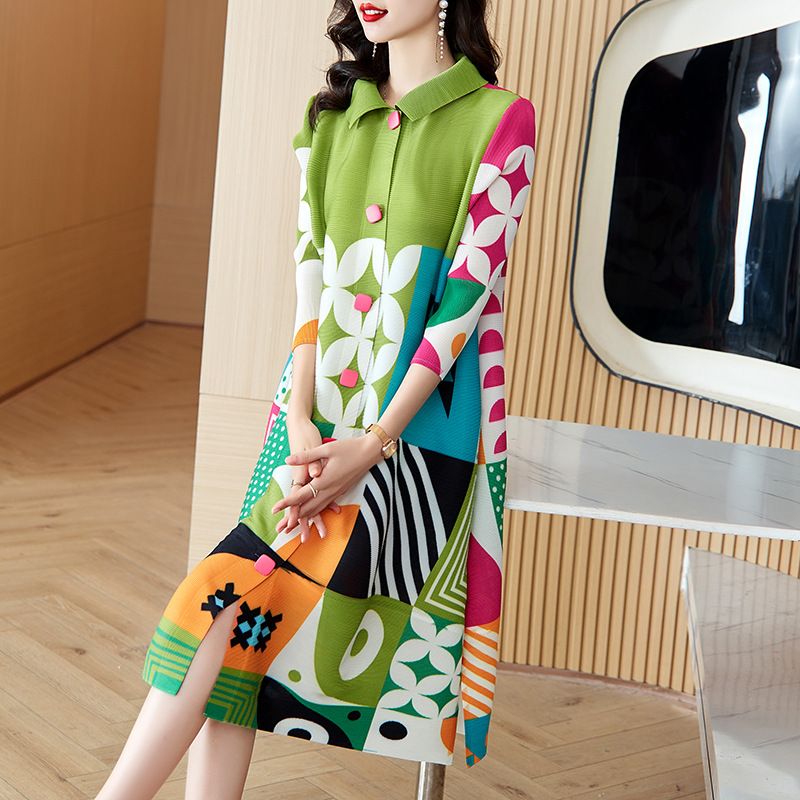 Miyake high-end foreign style dress mother temperament spring women 2024 new pleated plus size chubby girl shirt skirt
