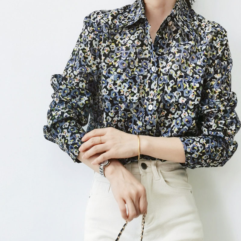 Picture of Clearance Casual Simple Blue and Purple Floral Silk Cotton Shirt Women's Double Pocket Lapel Buckle Long Sleeve Mid-length Shirt