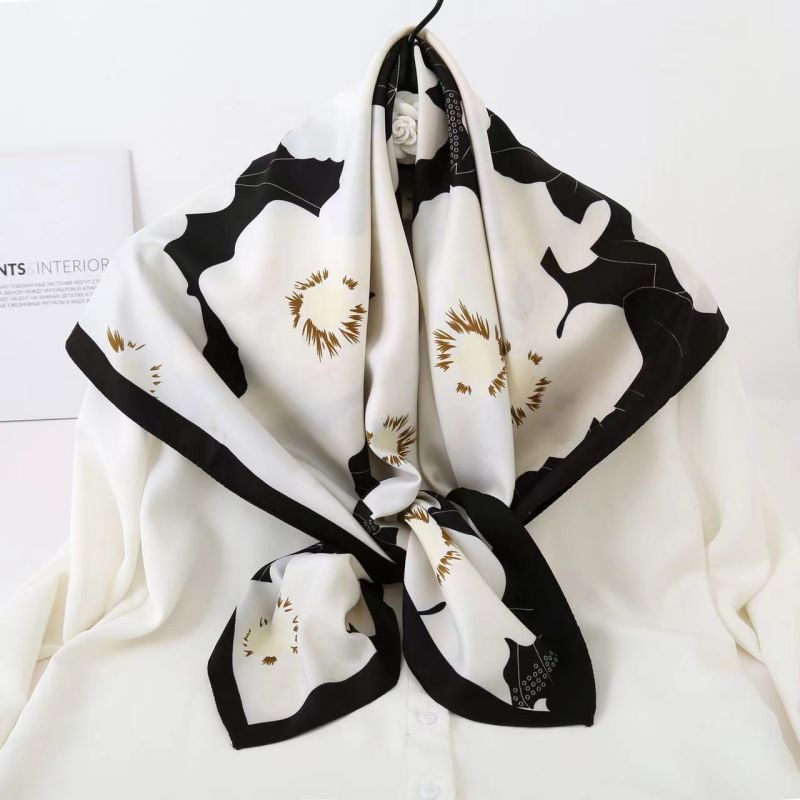 Picture of Autumn and winter all-match shawl animal printed black and white simple large square 90*90CM imitation silk twill silk scarf for women