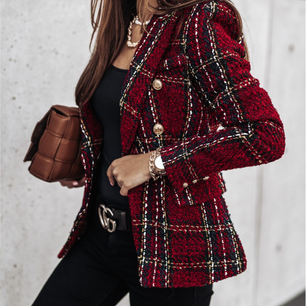 2023 European and American Autumn and Winter New Cross-Border Women's Popular Suit Long-Sleeved Double-Breasted Printed Suit Small Outwear Top
