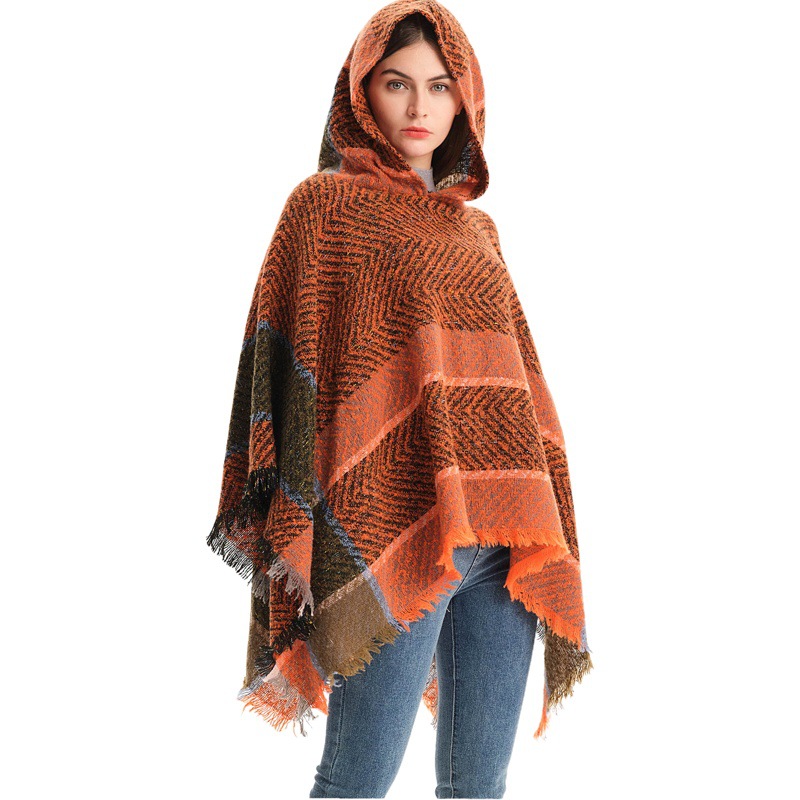 Factory Direct Supply Cross-border Foreign Trade New European and American Spring and Autumn and Winter Fishbone Pattern Women Hooded Shawl Pullover Cloak