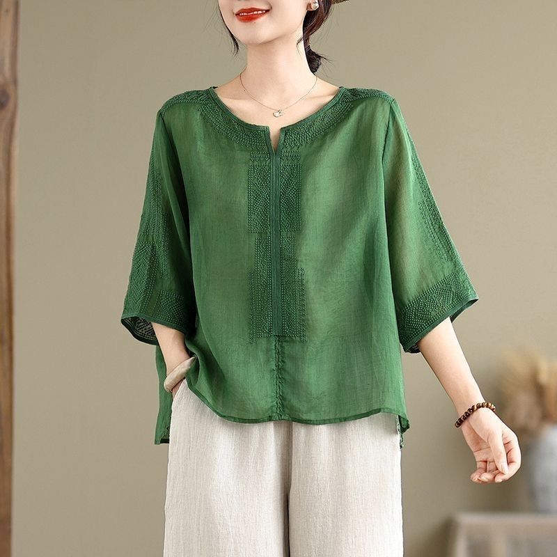 Heavy Embroidery Large Size Loose Pullover Shirt for Women Summer Round Neck Five-Quarter Sleeve Retro Casual Pure Color Breathable Shirt