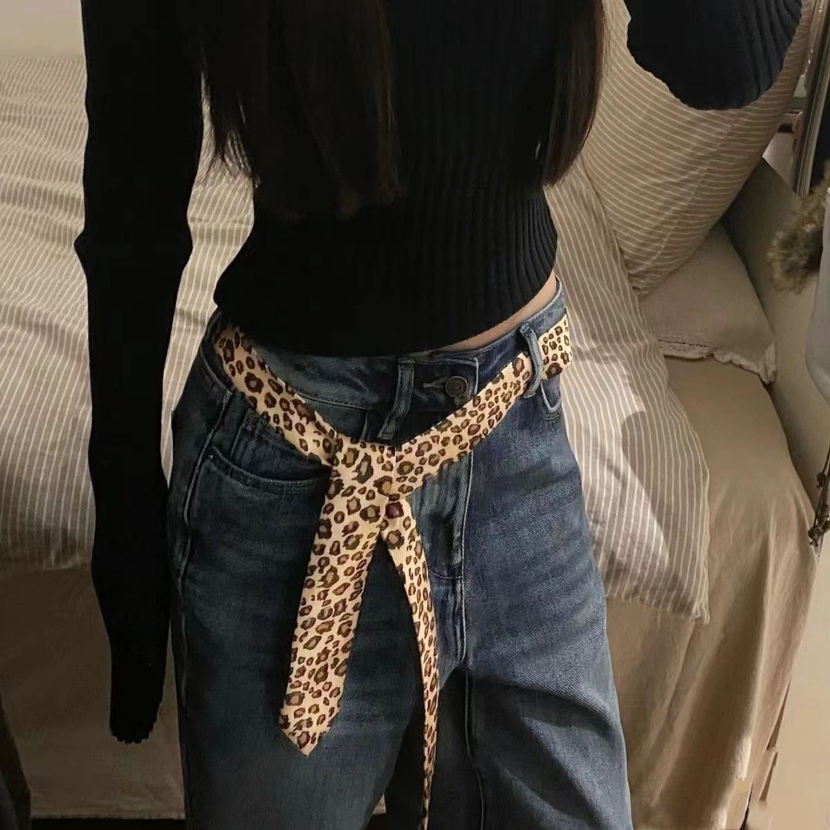 Retro Leopard Print Belt Women's Decorative Waist Versatile Ins Style Design American Sexy Long Tie Scarf Stylish