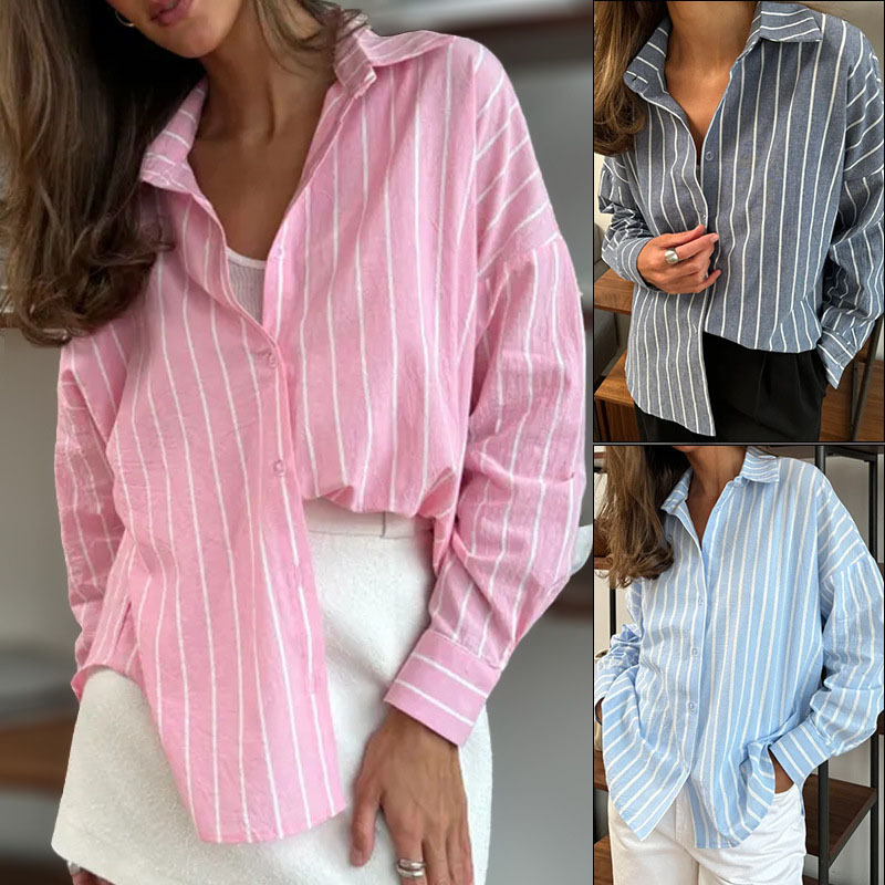 Cross-Border Autum Fashion Polo Collar 2025 New European and American Clothing Cardigan Stripesd Regular Long-Sleeved Shirt Tops for Women