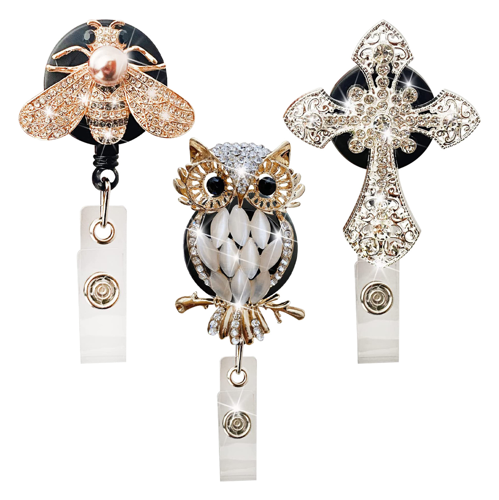 Shiny Glass Rhinestone Metal Owl Cross Bee Retractable Badge Easy Pull Alligator Clip Easy Pull Buckle