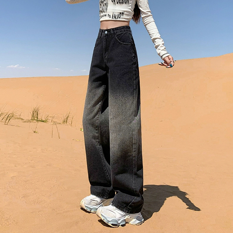 Design Sense Gradient Black Grey High Waist Jeans Women's Contrast Color Mop Loose Wide Leg Pants Flesh Covering Straight Pants Autumn
