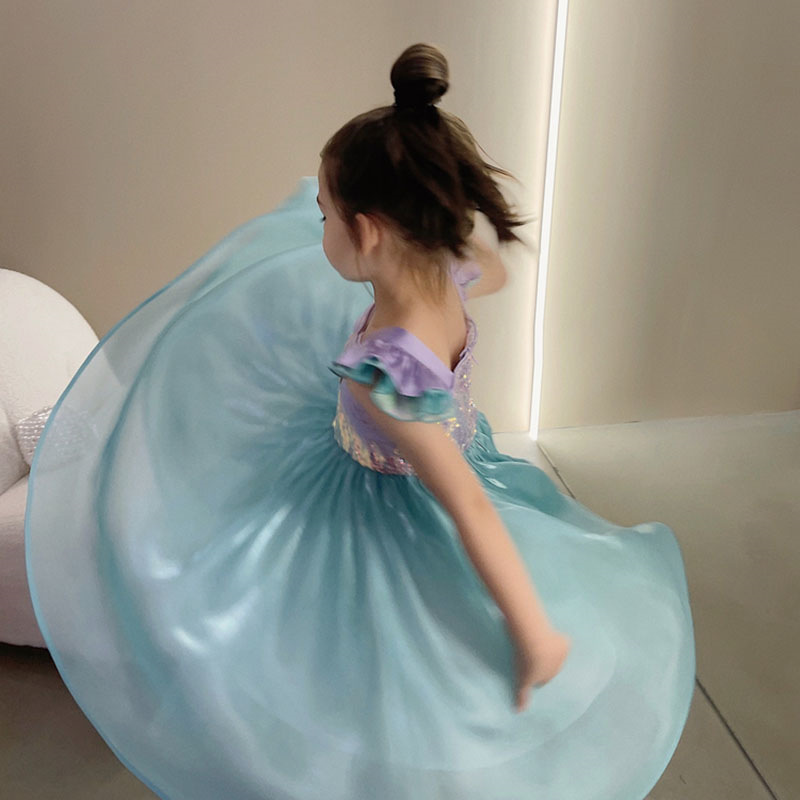 Picture of Girls 2025 Summer New Mermaid Vest Dress Kidsren's Fashionable Short-Sleeved Princess Dress Performance Clothing Trendy