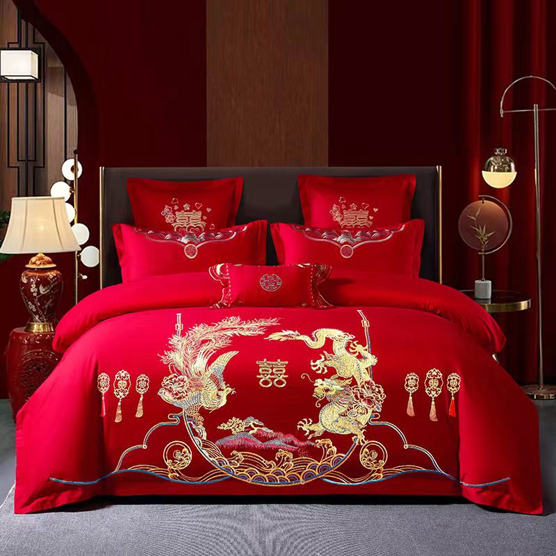 Picture of Wedding Four-Piece Set Embroidered Wedding Pure Cotton Bright Red Wedding Room Embroidered Bedding Quilt Bedding