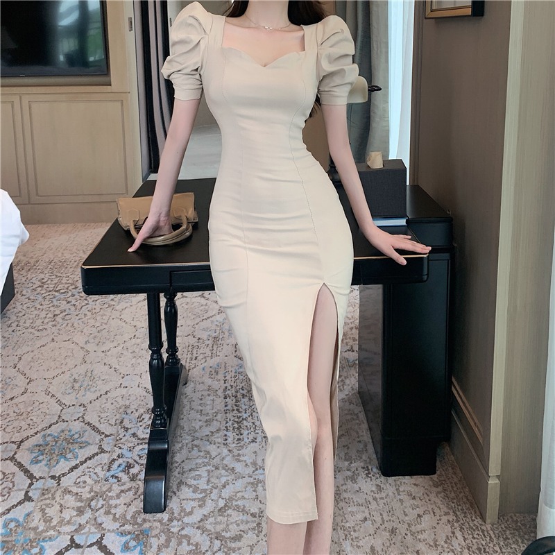 Sweet Cool Dress Summer 2025 New Style French Puff Sleeve Slim Black Long Slit Skirt for Women