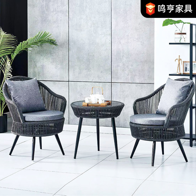 Nordic Outdoor Balcony Backrest Chair Simple Small Apartment Bay Window Soft Cushion Rattan Chair Combination Courtyard Leisure Table and Chairs