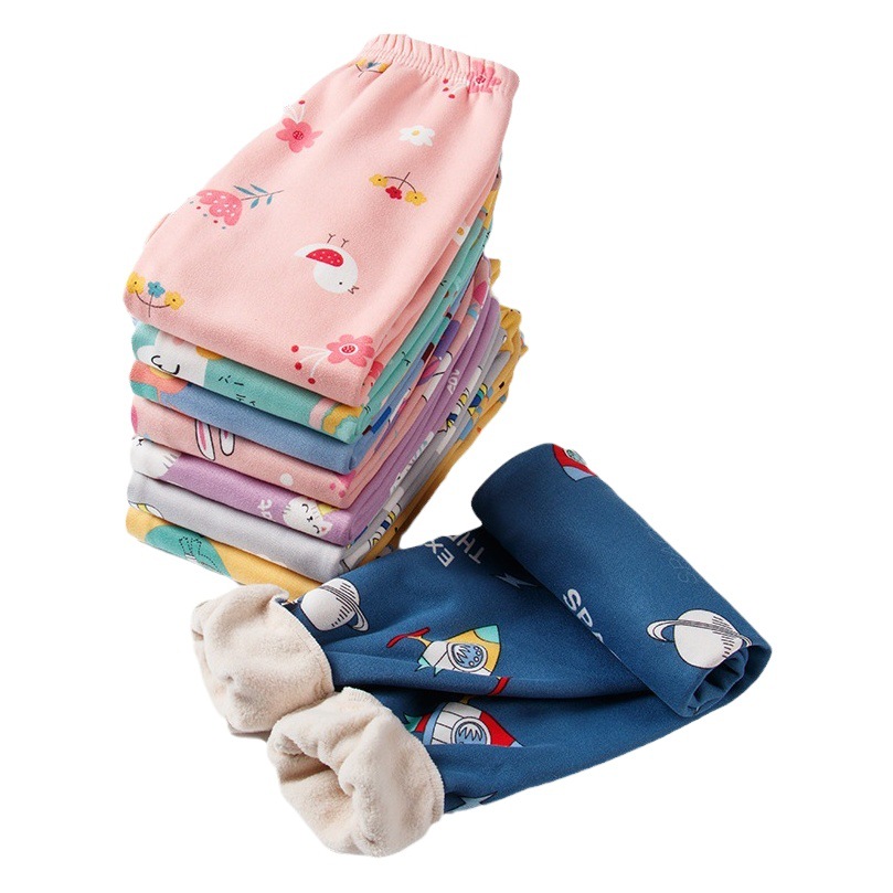 Autumn and Winter Children's fleece-lined warm pants boys and girls cartoon ankle-tied thickened long johns bottoming pants baby home pajama pants
