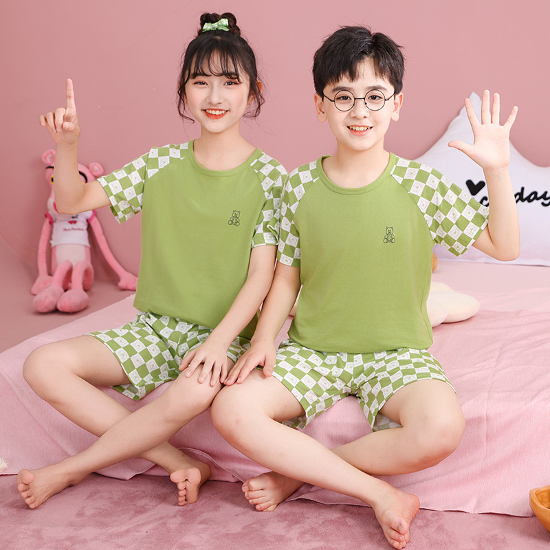 Boys' Pajamas Children's Summer Pure Cotton Short-sleeved Shorts Girls' Thin Home Clothes suit Big Children's Boys' Air-conditioning Clothes