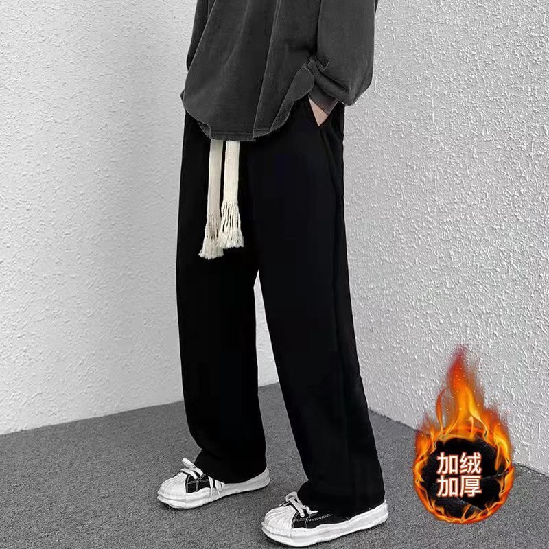 2021 Autumn and Winter Woven Drawstring Pants for Men and Women Couples Loose Fleece-Lined Straight High Street Wide-Leg Pants Fashionable Pants