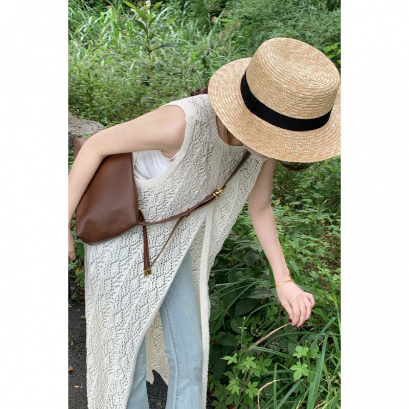 Bohemian Style White Split Hollow-out Knitwear Women's Summer Overlay Sleeveless Blouse Skirt Mid-length