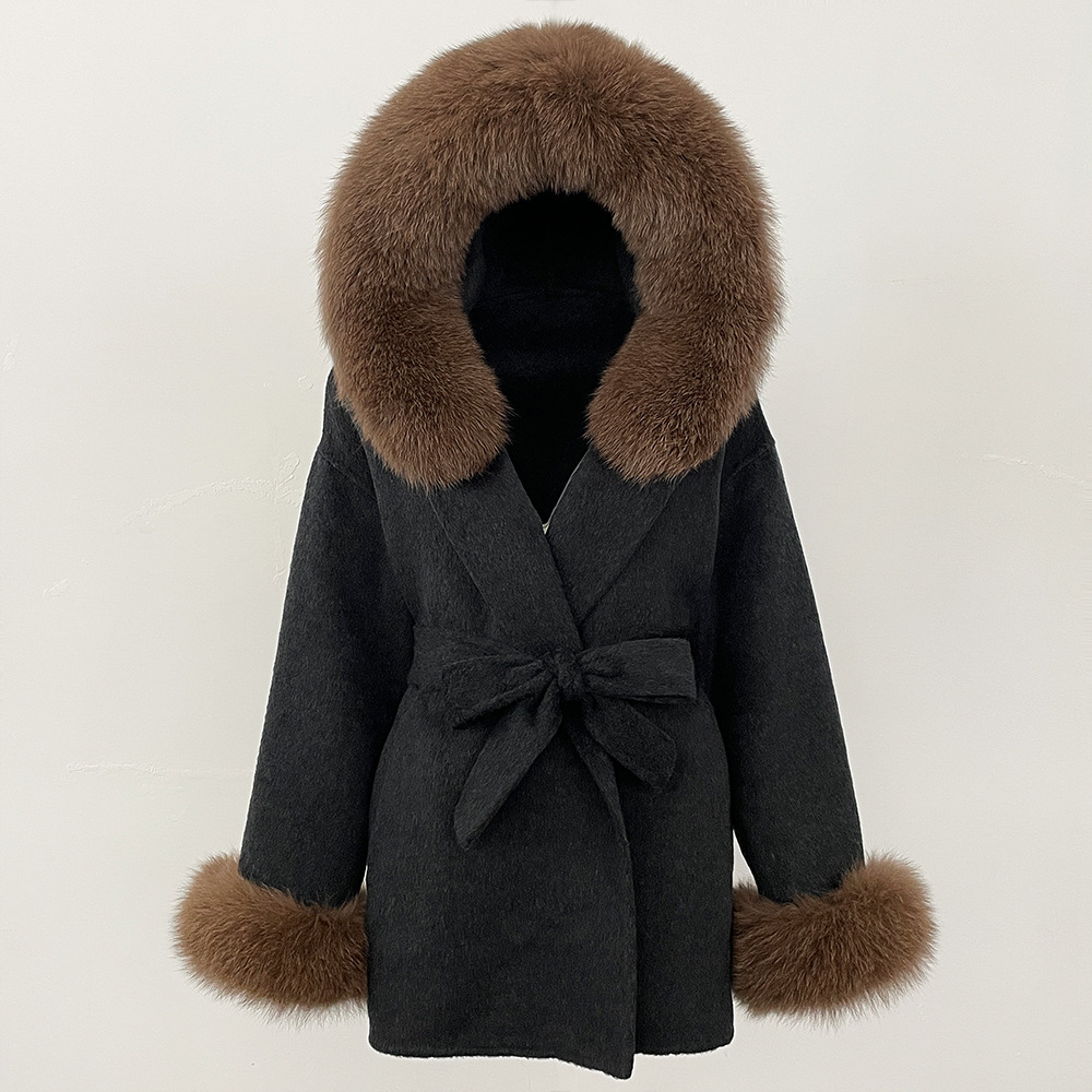 Picture of New Hooded Color-Blocked Fox Fur Collar Autumn and Winter Double-Sided Wool Outwear Women's Cloak Waist Thickeneded Woolen Outwear