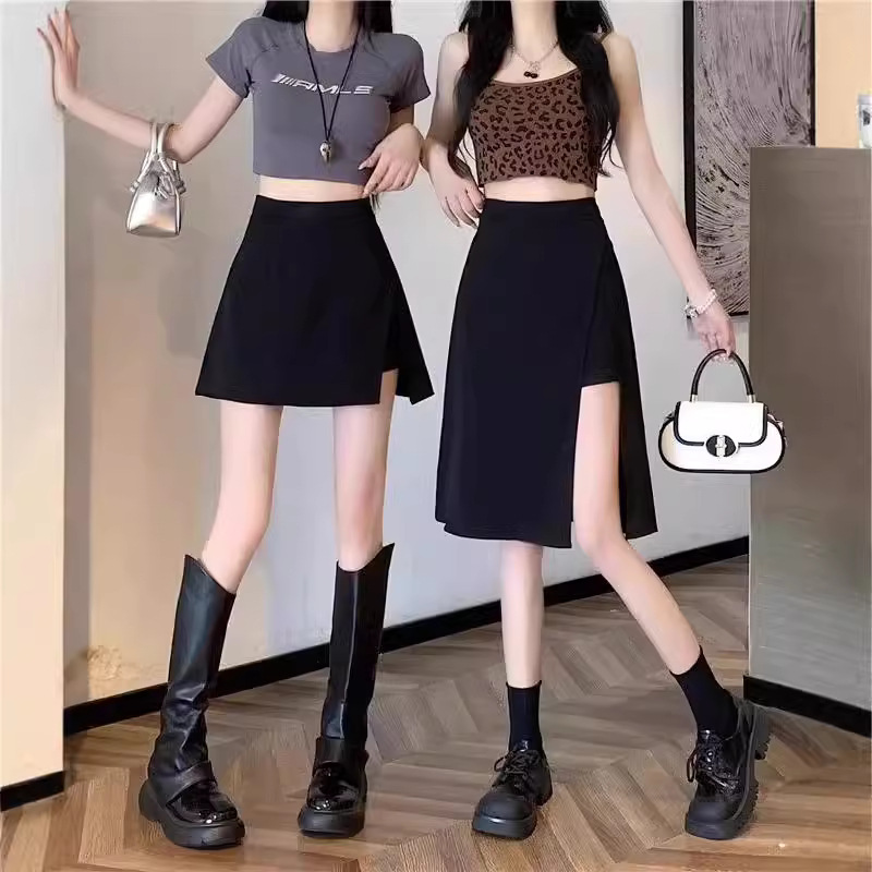 Slimming Irregular Belly Covering Suit Hip Skirt High Waist Split Black Skirt Women's 2025 New Summer