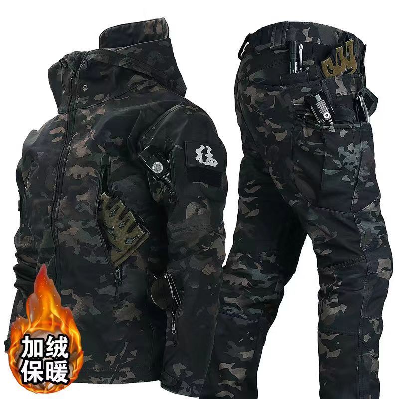 Outdoor Jacket Suit Men's Winter Warm Fleece-Lined Soft Shell Jacket Fishing Ski Mountaineering Clothing Cold-Proof Fleece Jacket