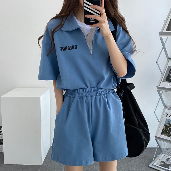 Picture of 4 Color High-end Cotton Zipper Set Two-piece Women's Short-sleeved Shorts Sportswear Solid Color Loose Summer Fashion Casual