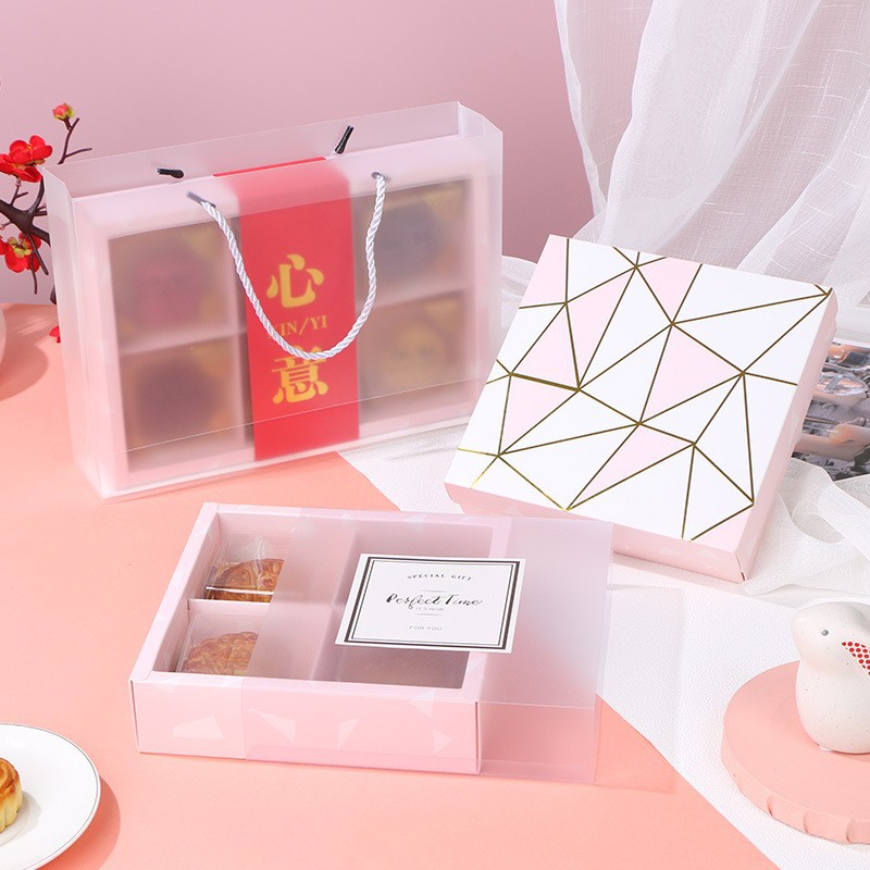 Mid-Autumn Festival Snowskin Mooncake Box 100g Pink Gold-Stamped Snowflake Pastry Handheld Gift Box Egg Yolk Pastry Packaging Box