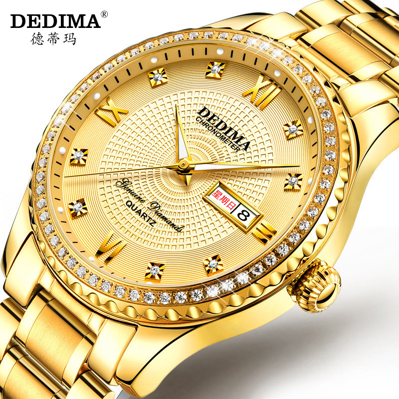 DEDIMA Diamond Full Gold Watch Double Calendar Solid Steel Band Butterfly Buckle Men's Waterproof Luminous Watch Cross-border Explosions