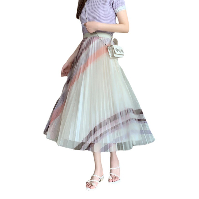 Rainbow Mesh Skirt Summer 2025 New Elastic High Waist Fresh Slimming Look Fashionable Elegant Dance Large Hem Mid-Length Skirt