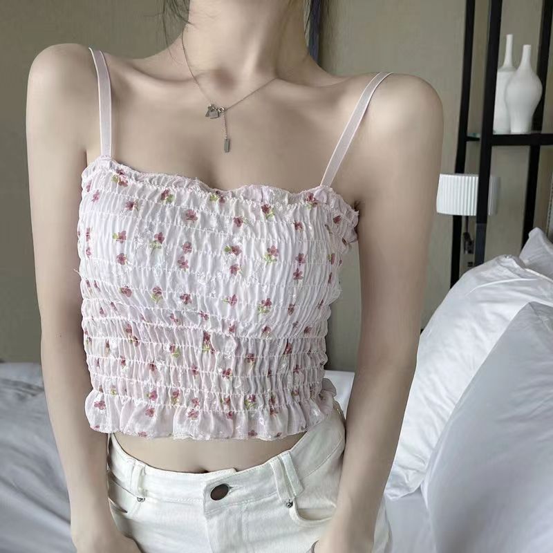 Picture of Design pleated floral camisole women's chest pad tube top beauty back outer wear slimming sweet spicy bottoming top summer