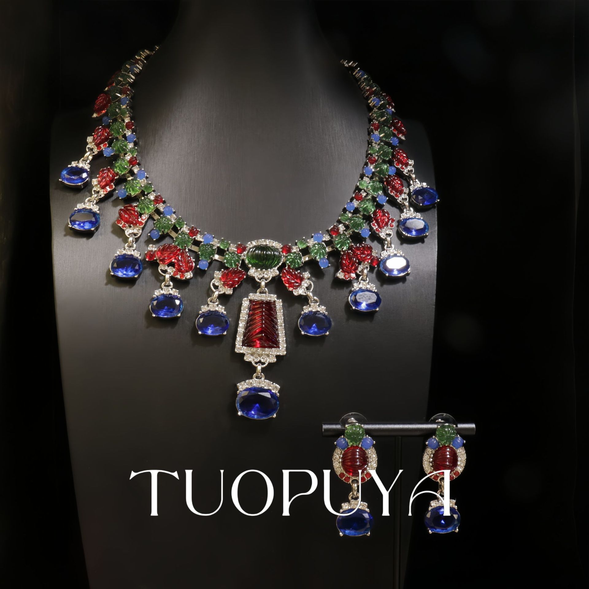 Picture of Exquisite Heavy Industry Rhinestone Inlaid Colorful Necklace Earrings suit Light Luxury All-match Red New Year Jewelry
