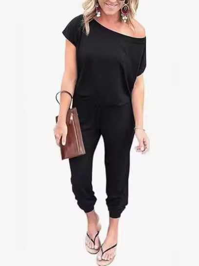 2024 European and American Cross-border Spring and Summer Fashion Slanted Shoulder Short-sleeved Flap Pocket Pants Women's Jumpsuit