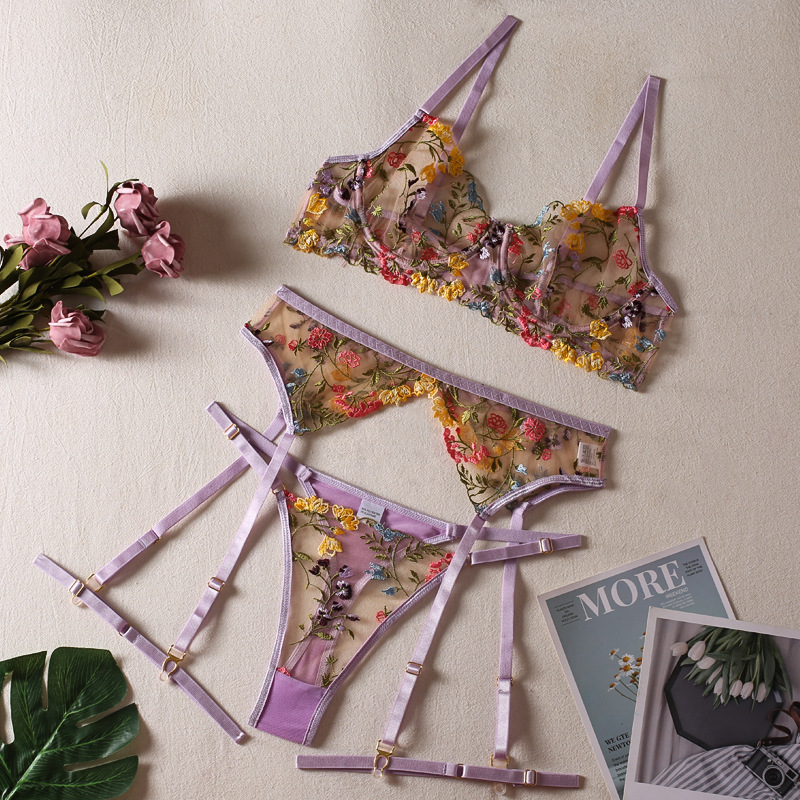 Picture of New ins Internet Celebrity Summer Small Floral Bra Panties Garter Belt Sexy Underwear Three-piece Set Foreign Trade Supply